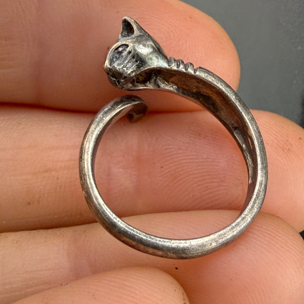 Vintage Sterling Silver Cat Wrap Ring Silver 925 Animal Bypass Size 5
